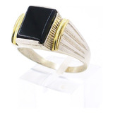 Anillo Sello Hombre Plata 925 Y Oro Con Piedra Cubic Negra