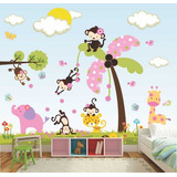 Adesivo Infantil Painel Menina Bebê Rosa Zoo Girafa Flor 98