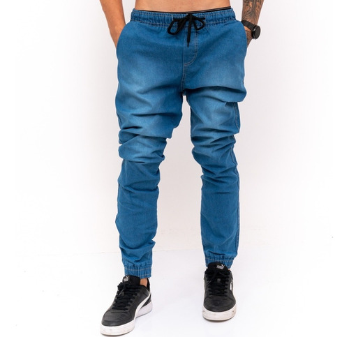 Calça Jogger Masculina Jeans Sarja Camuflada Elástico Lycra