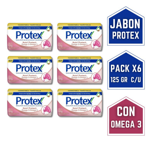 Jabon En Barra Protex Antibacterial Omega 3 Pack X6 De 125gr