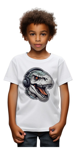 Camiseta Infantil Bco Dinossauro Gamer Fone Cinza