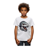 Camiseta Infantil Bco Dinossauro Gamer Fone Cinza