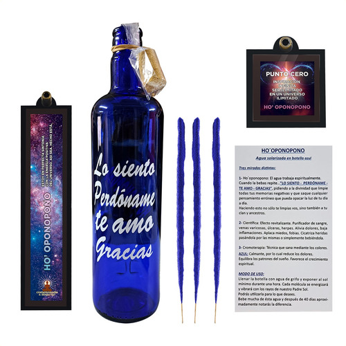 Botella Vidrio Azul Hooponopono Y 2 Porta Sahumerios Madera