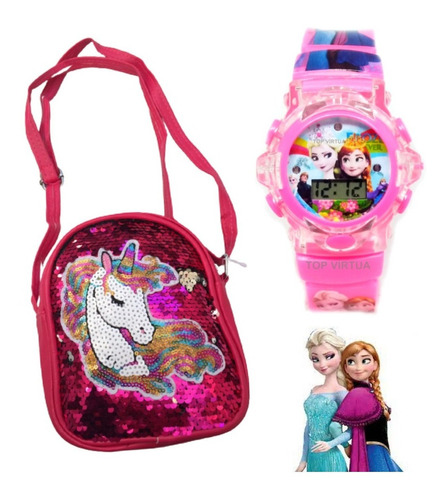 Relógio Infantil Menina Elsa Frozen Disney + Bolsa Unicórnio