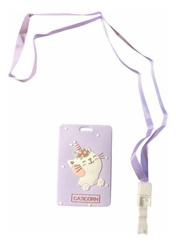 Lanyard Más Porta Credencial Diseño Gatito Unicornio Kawaii 