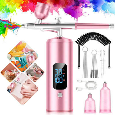 Kit Aerógrafo Compresor de Aire Portatil Profesional con Pantalla Digital Recargable con Boquilla de 0,35 mm y Cepillo, 3 Modos Alta Presión Para Uñas\u002FPintura Automotriz\u002FMaquillaje\u002FBarberia(Rosa) | Meses sin interés