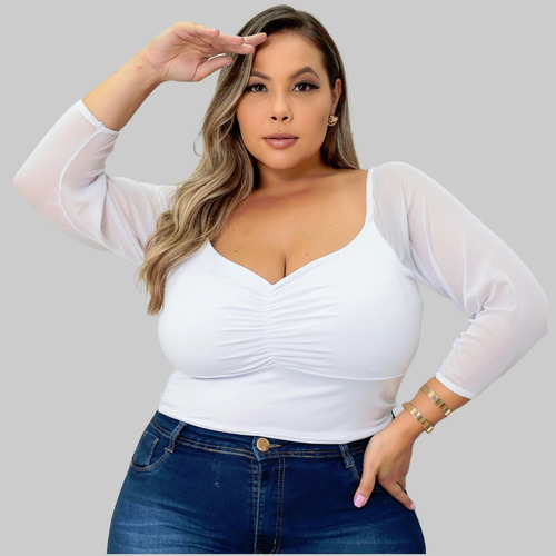 Cropped Decotado Franzido Manga Longa Tule Plus Size