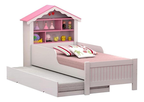 Bicama Solteiro Menina Casa De Princesa Infantil Branco Rosa