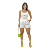 Conjunto Feminino Blusa Cropped Top E Short Moda Alfaiataria