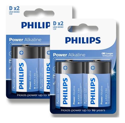 04 Pilhas Bateria D Philips Grande Alcalina Lr20 2 Cartelas