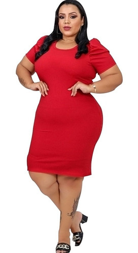 Vestido Feminino Plus Size Manga Bufante Canelado