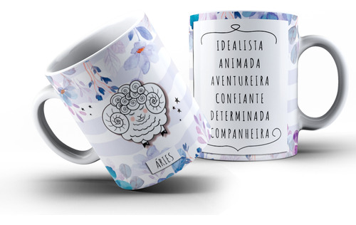 Caneca Personalidade Signo Áries Com Flores 325ml