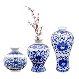 Juego 3 Jarrones Porcelana Azul Y Blanca,  Decorativo