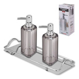 Kit Bandeja Espelhada Inox C/ 2 Porta Sabonete Liquido Lux