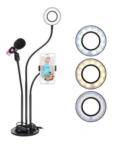 Aro Luz Led Selfie + Soporte Microfono Celular 3 En 1 Usb