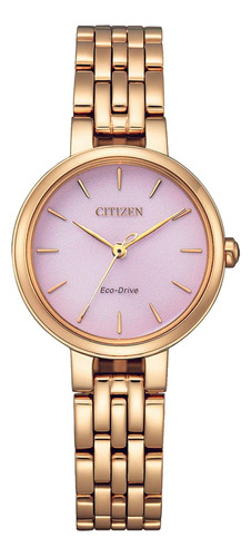 Reloj Citizen Em099382x Para Mujer Triple Manecilla Acero Malla Oro Rosa Bisel Dorado Fondo Rosado