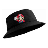 Mario Bros Bucket Hat Negro Saludo Nintendo Gorro Pescador