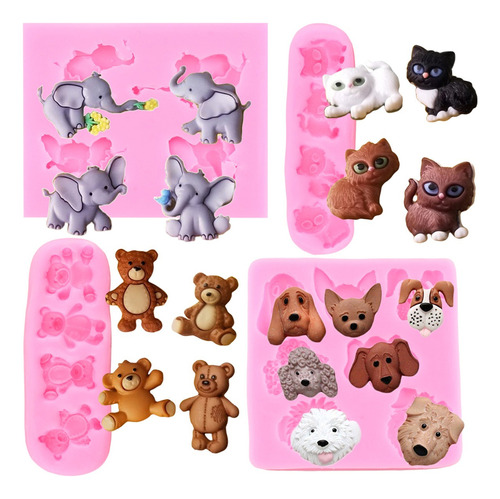 4pcs Molde Silicona Oso Elefante Gato Perro Fondant Resina