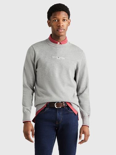 Sweater C-neck Con Logo Bordado Gris Tommy Hilfiger