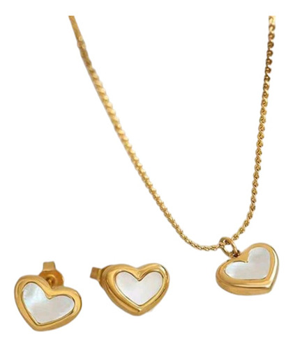 Set Cadena Y Aros Corazon Nacar Baño De Oro 18k Mujer Regalo