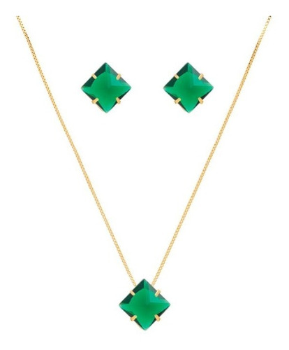 Conjunto Colar Brinco Pedra Verde Folheado Ouro 18 K