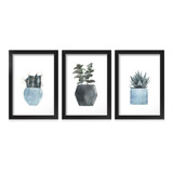 Kit 3 Quadros Decorativos C/ Vidro Vaso De Plantas Aquarela