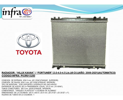 Radiador Toyota Hilux Kavak/fortuner Aut.sin Soporte 2006/21 Foto 2