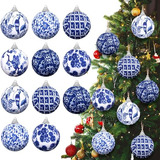 12 Pcs Navideño Azul Y Blanco Adornados Chinoiserie Bola Árb