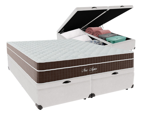 Cama + Box Baú Queen Branca Colchão New Aspen Comfort Prime