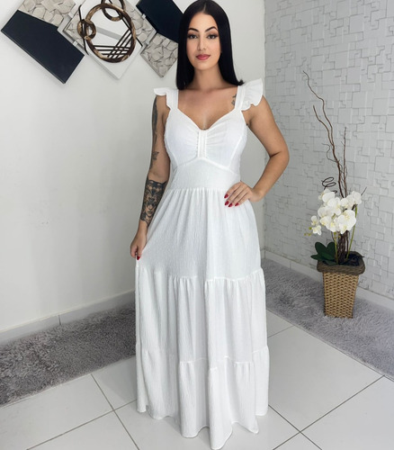 Vestido Longo Luxo Feminina Franzido  Com Babada Na Mangas  