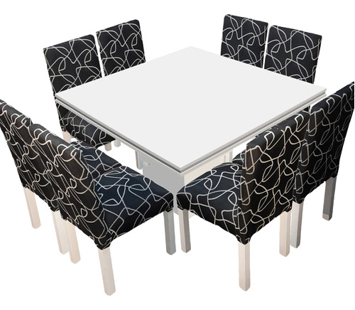 Juego Comedor Blanco Tr 130x130 + 8 Sillas Chenille