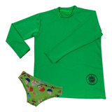 Kit 2 Peças Camisa Verde +calcinha Proteção Uv 50+ 