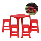 Conjunto De Mesa + 4 Banquetas Plasticas Vermelhas Praia