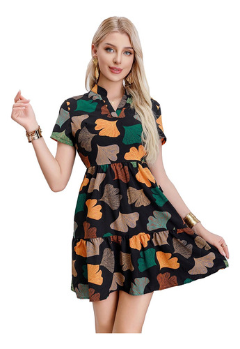 Vestido Corto Para Dama Manga Corta Estampado Moda