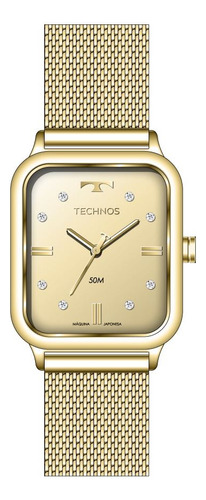 Relogio Technos Feminino Dourado Quadrado Retangular Social