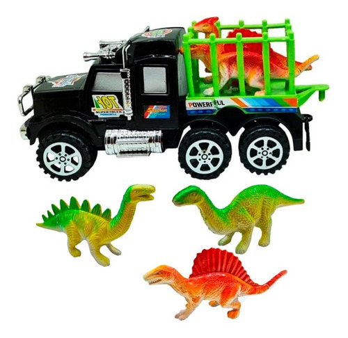 Vehiculo Camion Juguete + Jaula Con 2 Dinosaurios De Goma