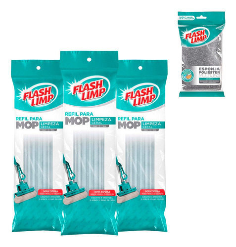 Kit Refil Mop Limpeza Geral Plus 3 Unid + Esponja Flash Limp