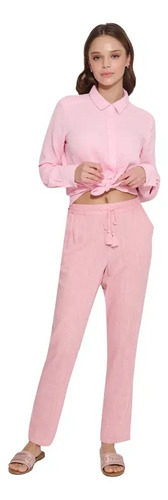 Pantalon Casual Recto Lino Holly Land 7782 Rosa Mujer