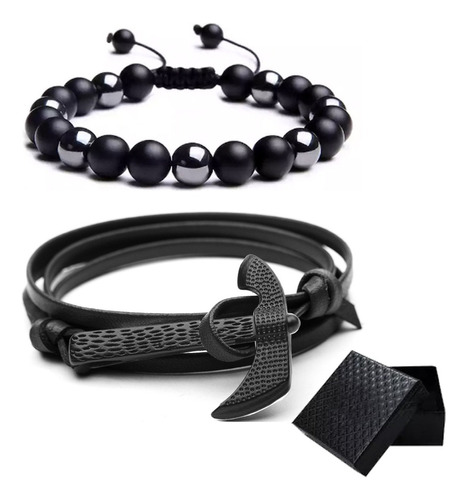 2 Pzs Brazalete De Cuentas Obsidiana Y Pulsera Hombre Hacha Diámetro 21 Cm