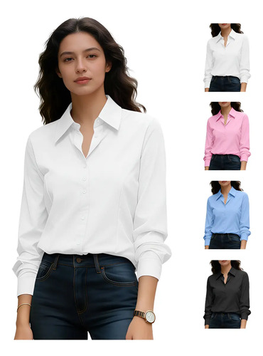 Camisa De Manga Larga Con Solapa De Color Liso Para Mujer | MercadoLibre
