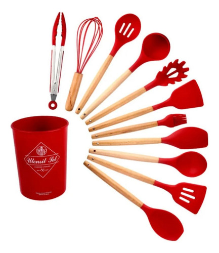 Jogo 12 Peças Utensílios Silicone De Cozinha C/ Suporte Pote