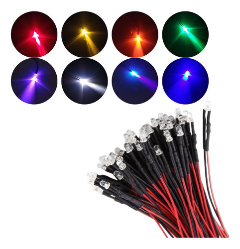 50 Pcs 12v 5mm Led Pronto Para Projetos Cabo+ Diodo+ Termo