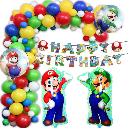 Kit Decoracion Fiesta Cumpleaños Globos Mario Bros 78 Pzs