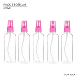 5 Botellas Spray De 50ml / Plástico Transparente Tapa Rosa