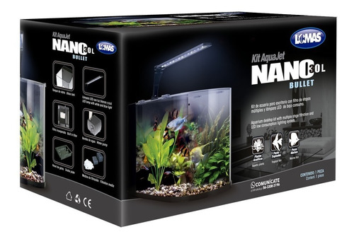 Kit Acuario Nano Bullet 30 Lt Vidrio Curvo, Luz Led, Filtro 