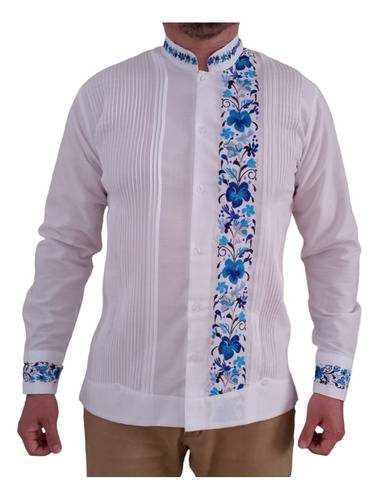 Guayabera Tulum Blanco Bordado Azul Manga Larga