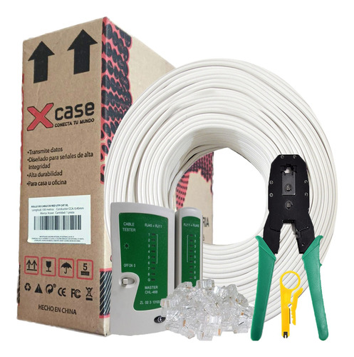 Bobina Cable Utp Cat 5e 100m+ 100rj45+tester+ Pinzas+pelador