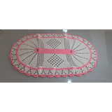 Tapete Crochê Artesanal Grande 91x59 Branco/rosa - 2 Peças