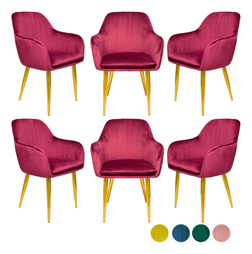 Kit 6 Sillones Eames Terciopelo Vintage Lujo Patas Doradas Color De La Estructura De La Silla Dorado Color Del Asiento Vino