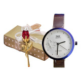 Set Reloj Q&q Fondo Mariposa Y Mini Rosa De Cristal 